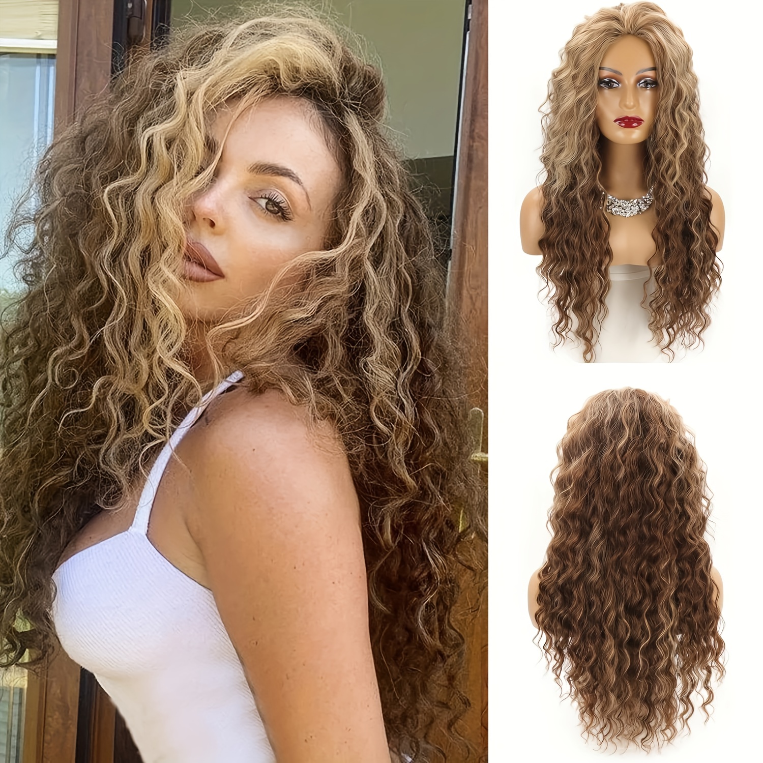 ombre ash blonde brown curly wig long wavy middle part - Temu display picture 1
