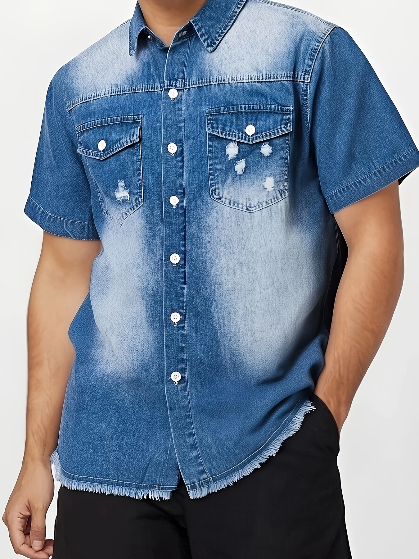 Men'S Distressed Denim Short Sleeve Button-Up Shirt with Frayed Hem & Pockets - Casual Summer Style, Light Blue, Non-Stretch Fabric, Perfect for Casual Attire, Casual Summer Wear | Distressed Denim Shirt | Frayed Hem Shirt