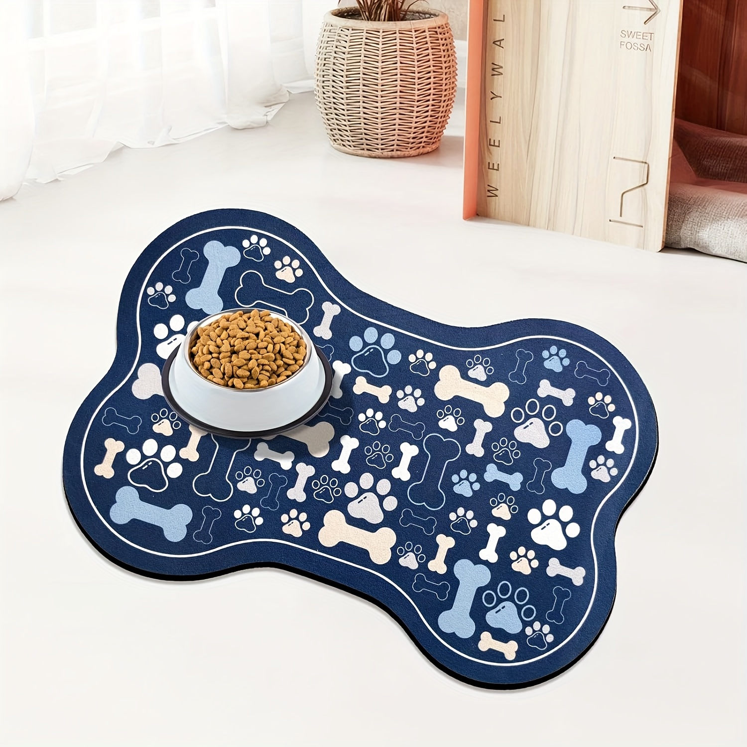 TEMU Non-slip Geometric Fishbone Paw Print Dog Feeding Mat - Durable Polyester Pet Food And Water Bowl Pad For Small To Medium Dogs, Easy-to-clean