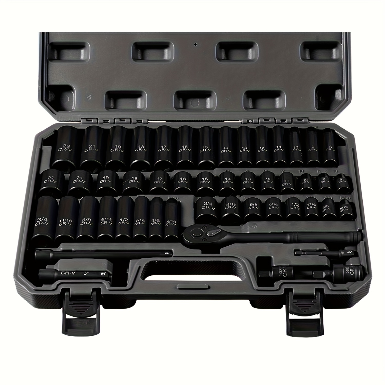 Image of 3/8" Drive Impact Socket Set, 6 Point 50pcs Standard Metric (8-22mm) & Sae (5/16-3/4-inch) Steel Sockets With Adapters & Ratchet Handle, Nice Gifts