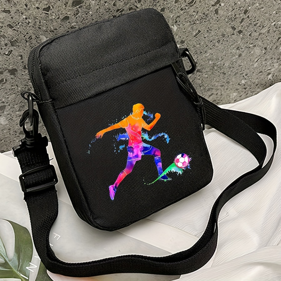 

Casual Polyester Canvas Crossbody Bag With Print, Shoulder Sling Satchel For Sports Enthusiasts, Stylish Pattern Zippered Wallet, Unisex Black