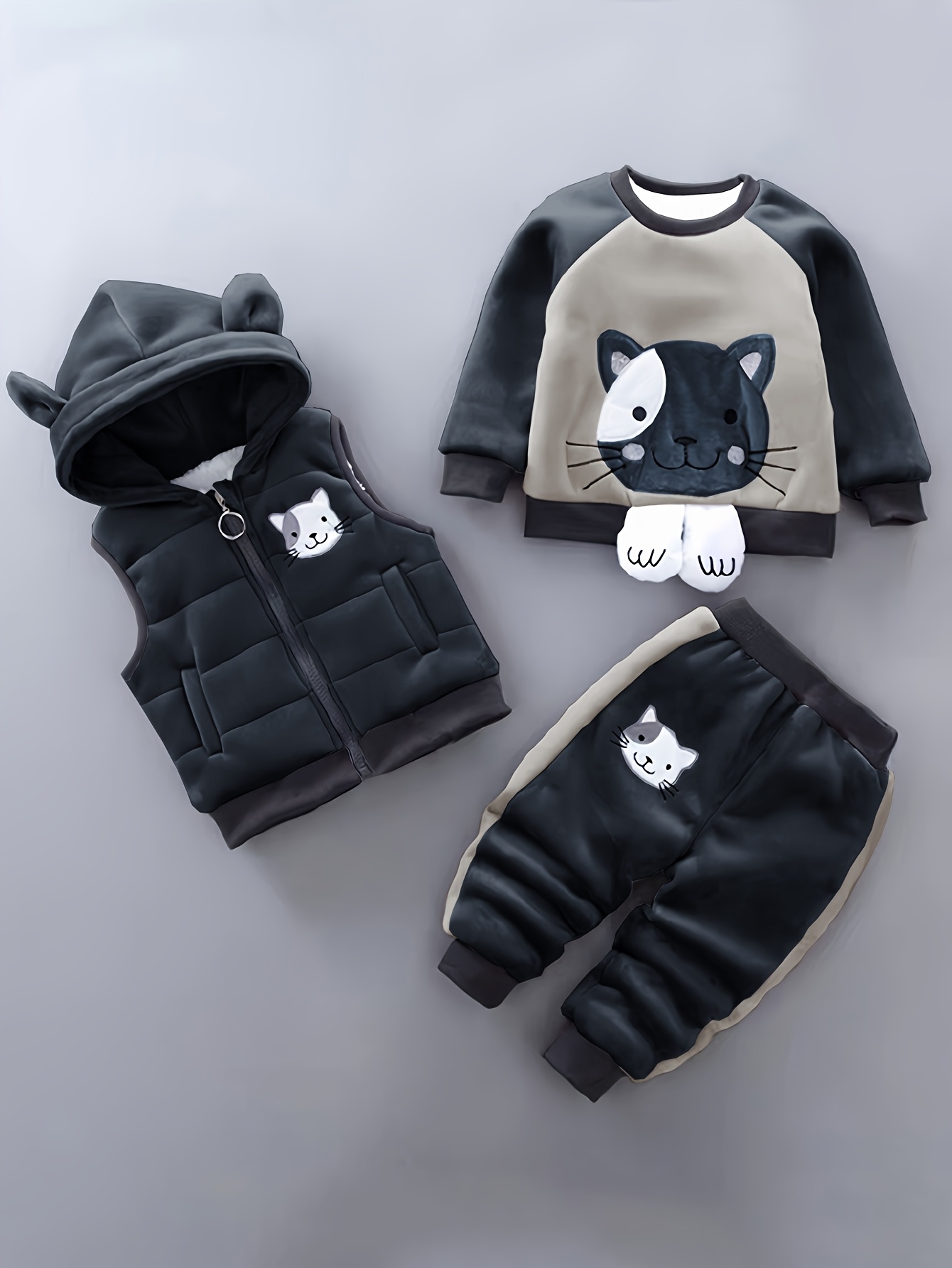 cute cartoon cat three piece set for babies in autumn and winter featuring a thickened hoodie pants and a stylish vest with a hood for outdoor Product details 9