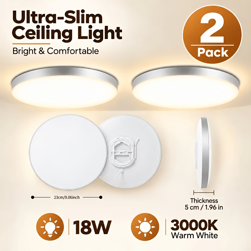 Image of 2 Pack 18w Led Ceiling Light, 3000k Warm White Round Flush Mount Ceiling Light, Ultra Ceiling Lamp For Bedroom, Kitchen, Living Room, Hallway, Dining Room, Home Indoor Lighting