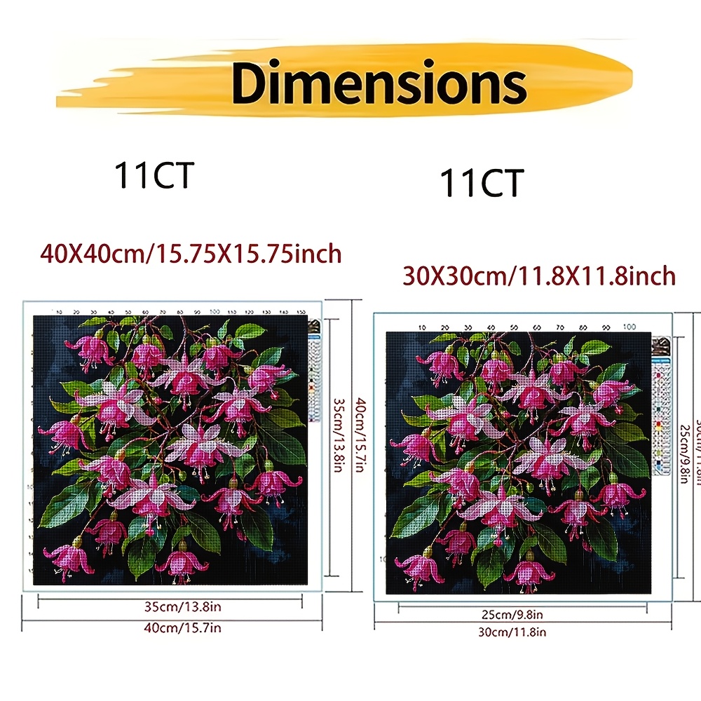 DIY Cross-Stitch Printed Kit, Frameless, Black Background with Flowers