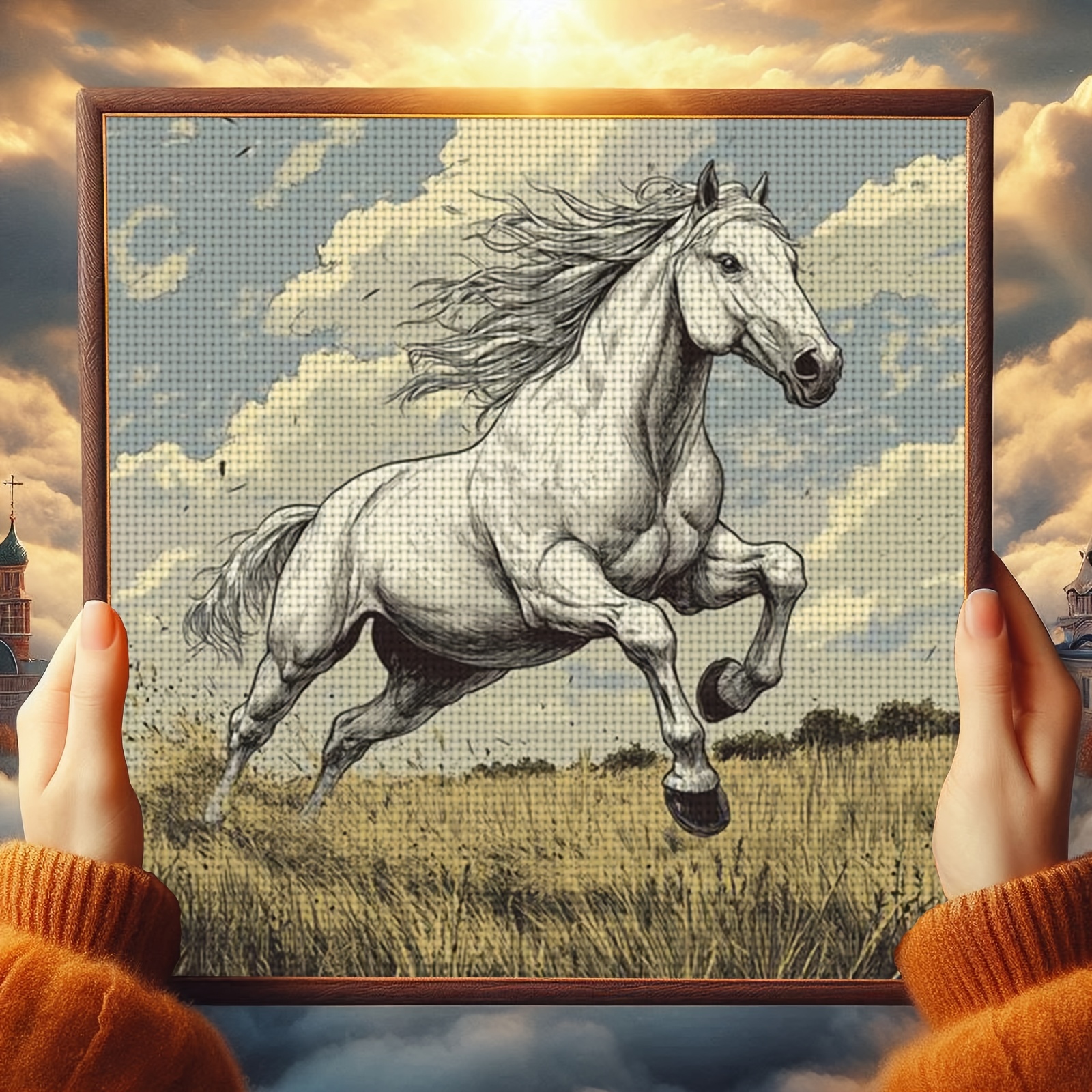 DIY Cross-Stitch Printed Kit, Unframed, "White Horse Galloping on Meadow" Pattern