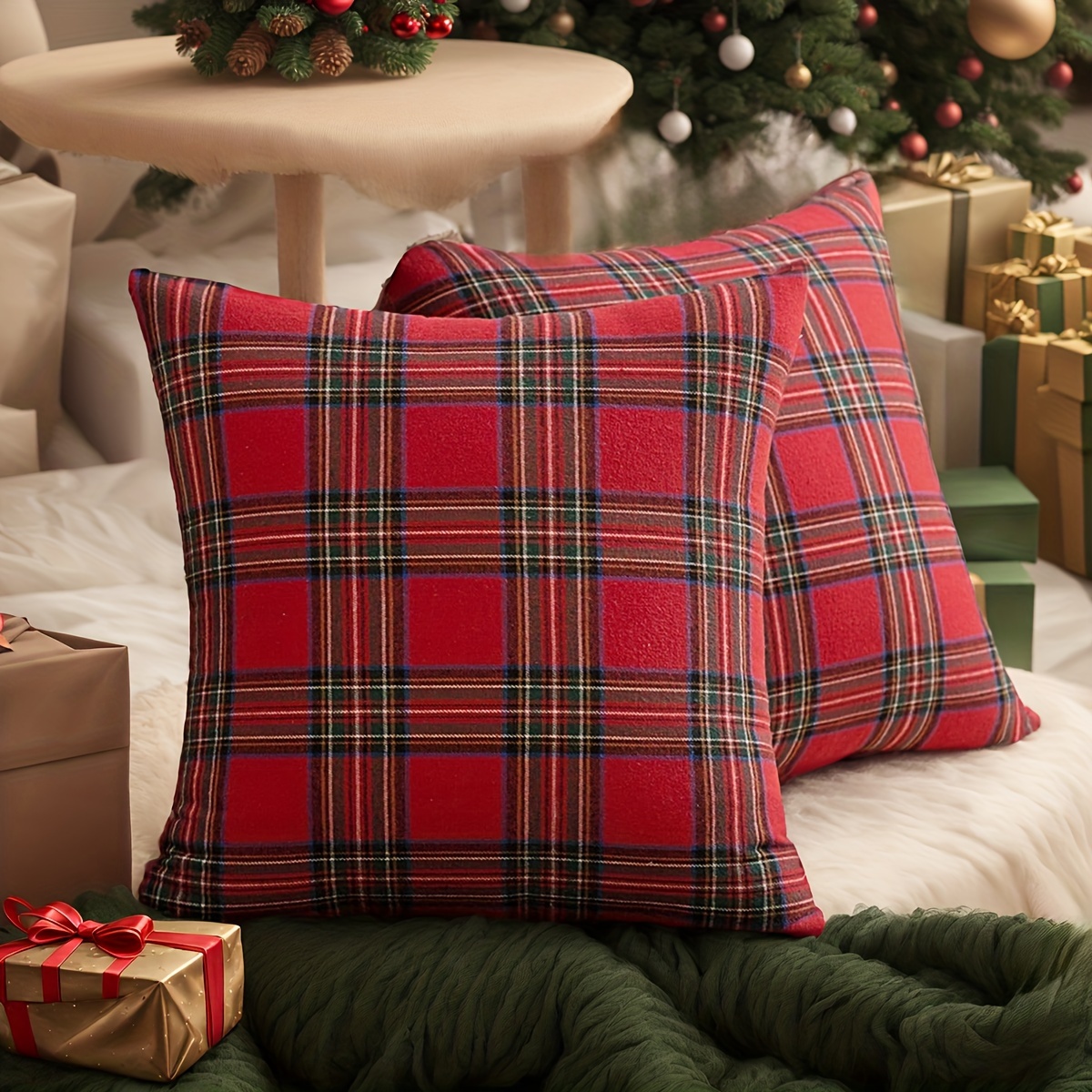 TEMU 2pcs, Christmas Home Decortive Pillow Covers, Scottish Tartan Red And Green Farmhouse Couch Pillowcases, 12in*20in, 18*18in, Home Holiday Decor