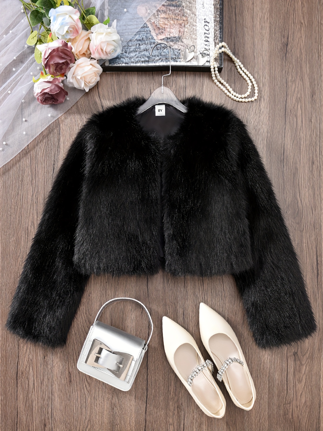 girls black long sleeve faux fur coat imitation fur suitable for daily   fashionable and comfortable