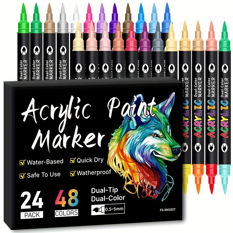 

Dual-tip Acrylic Paint Marker Set, 24pcs, 48 Vibrant Colors, Waterproof & Washable, Ideal For Students - On Plastic, Wood, Leather, Cardboard, Ceramic