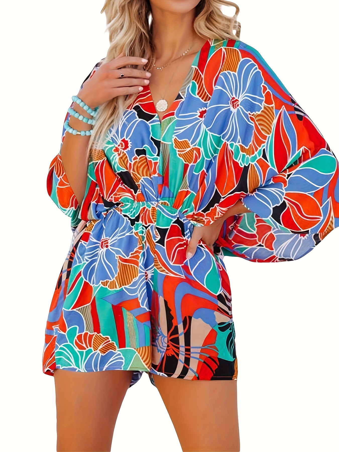 Women s Summer Romper Fashion Print Long Sleeve V Neck Elastic Waist Short Jumpsuit details 2