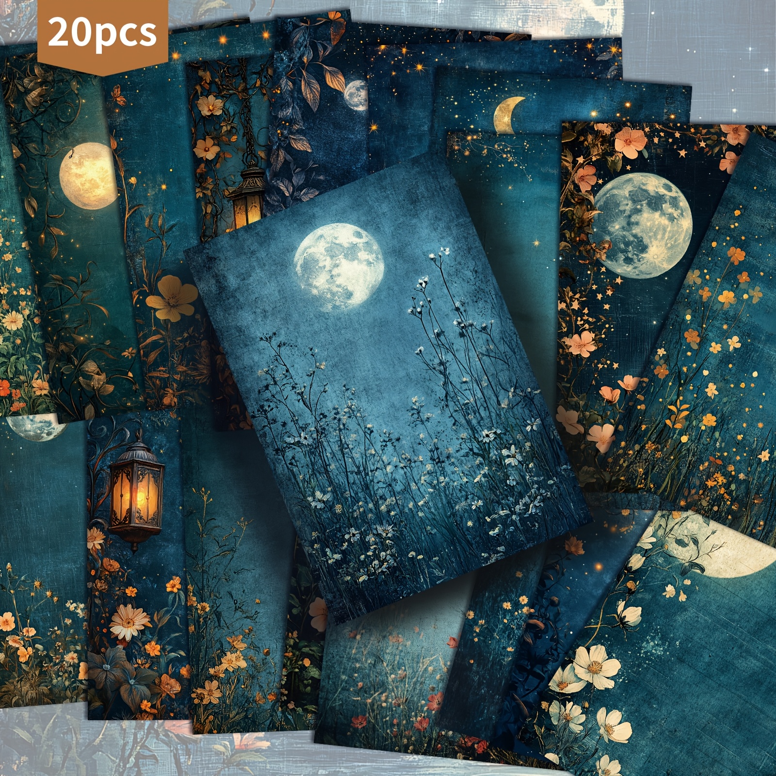 TEMU Set di 20 cartoline blu notturne e fiori, dimensioni 4X6 pollici. per junk journals, queste illustrazioni servono come carte decorative da ,