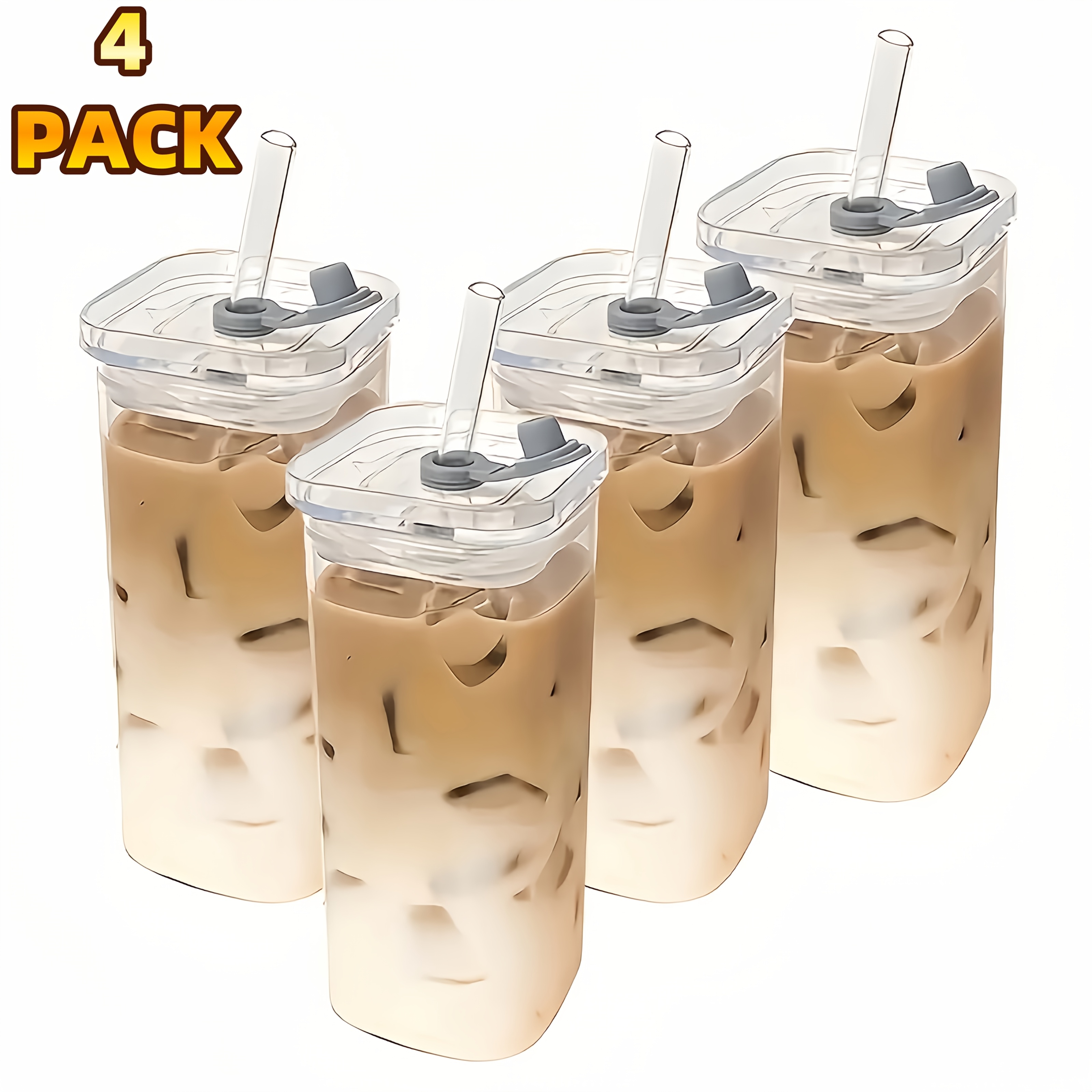 TEMU 4pcs Square Lidded Glass Cup, Portable Drinking Cup, Iced Coffee Cup, Lidded/straw, Father's Day Cup, Office, Party Supplies, Home, School, And Outdoor Use, Best For Christmas