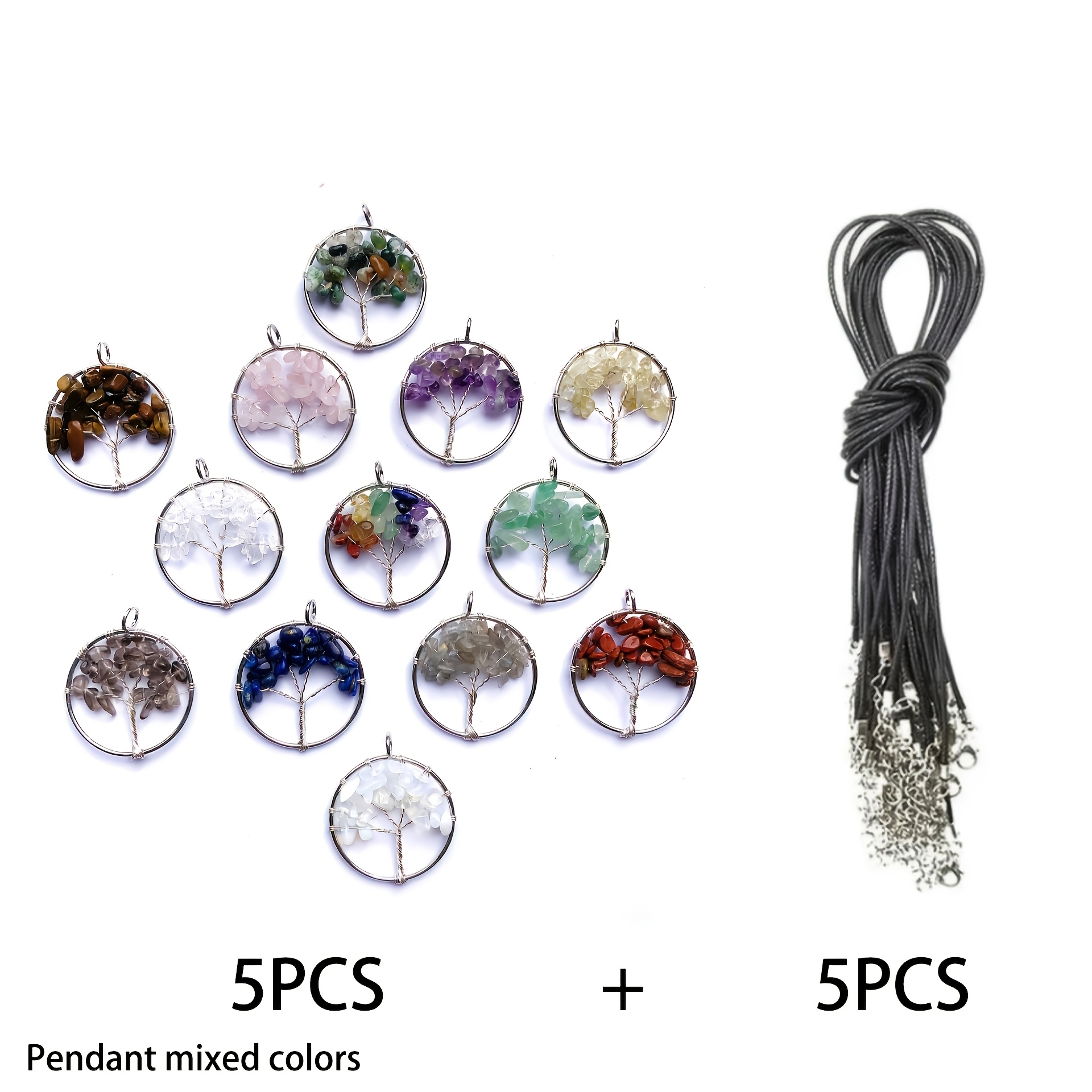 Image of 5pcs Set Of Round Natural Crushed Of Life Pendant Necklaces, Quartz Gemstone Tree Of Life Pendant Jewelry, Suitable For Necklace Jewelry Making - Best Holiday Gift, Perfect Christmas Gift