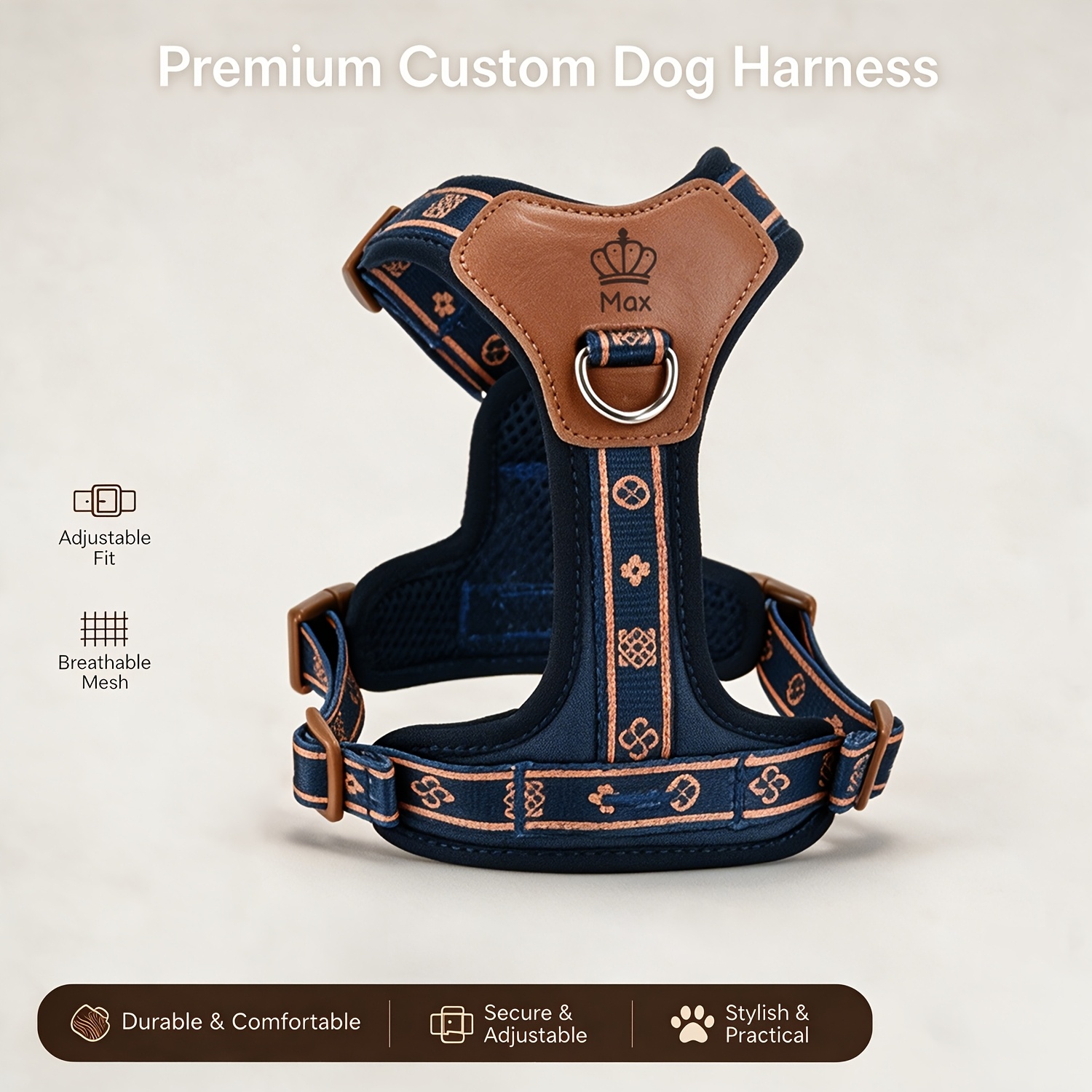 TEMU In , This Customizable Pet Harness Features A Personalized And Crown Pattern. An Adjustable, No-escape, No-choking Vest-style Harness Made Of