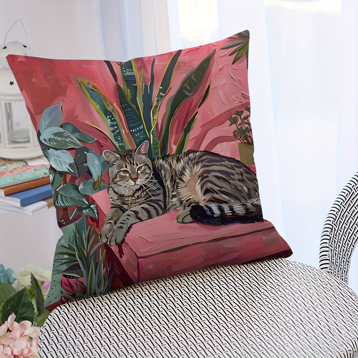 

1pc Contemporary Style Cat & Green Plants Oil Paint Print Pillow Cover, 18x18 Inch, Single-sided Throw Pillow Case For Sofa & Bedroom Decor, No Pillow Insert