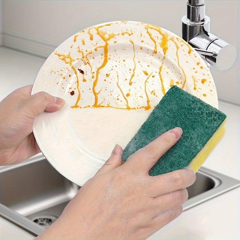 Image of 12pcs Yellow-green Sponge Scrubbers, Dishwashing Brushes, Absorbent And Durable, Kitchen Utensils For Cleaning Bowls, Chopsticks, Pots, Sinks, Stovetops, Cleaning Cloths, Reusable Cleaning Brushes