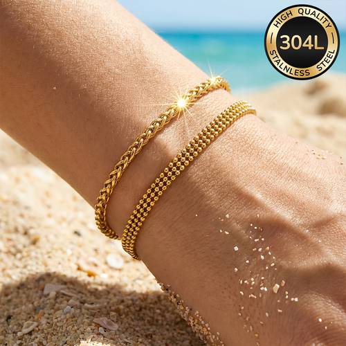 2pcs of 304l stainless steel 18k gold plated womens waterproof and non fading bracelet set fashionable and elegant design womens jewelry suitable for very suitable for daily and parties summer beach wear