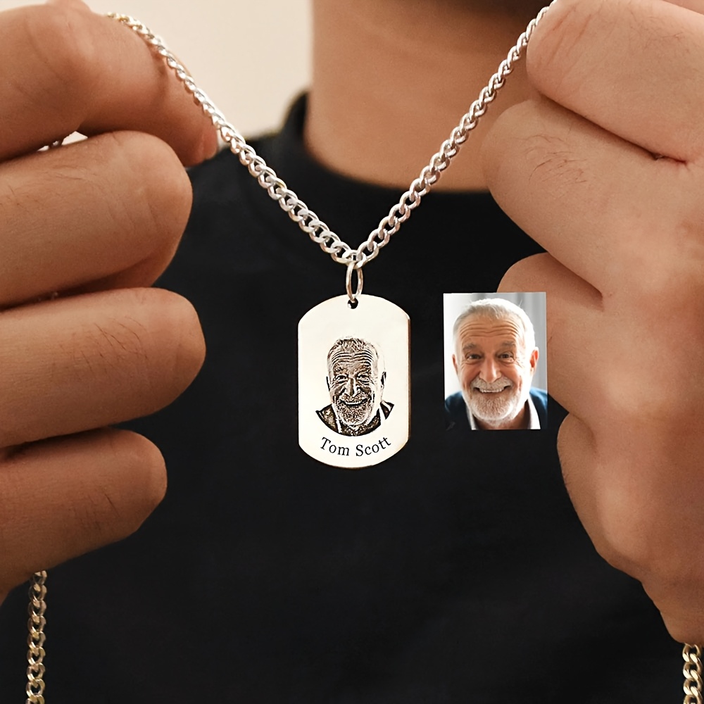 TEMU [custom] Classic Versatile Engraved Photo And Name Pendant Necklace, Personalized 304l 304l 304l 304l 304l Stainless Steel Cuban Chain Men's