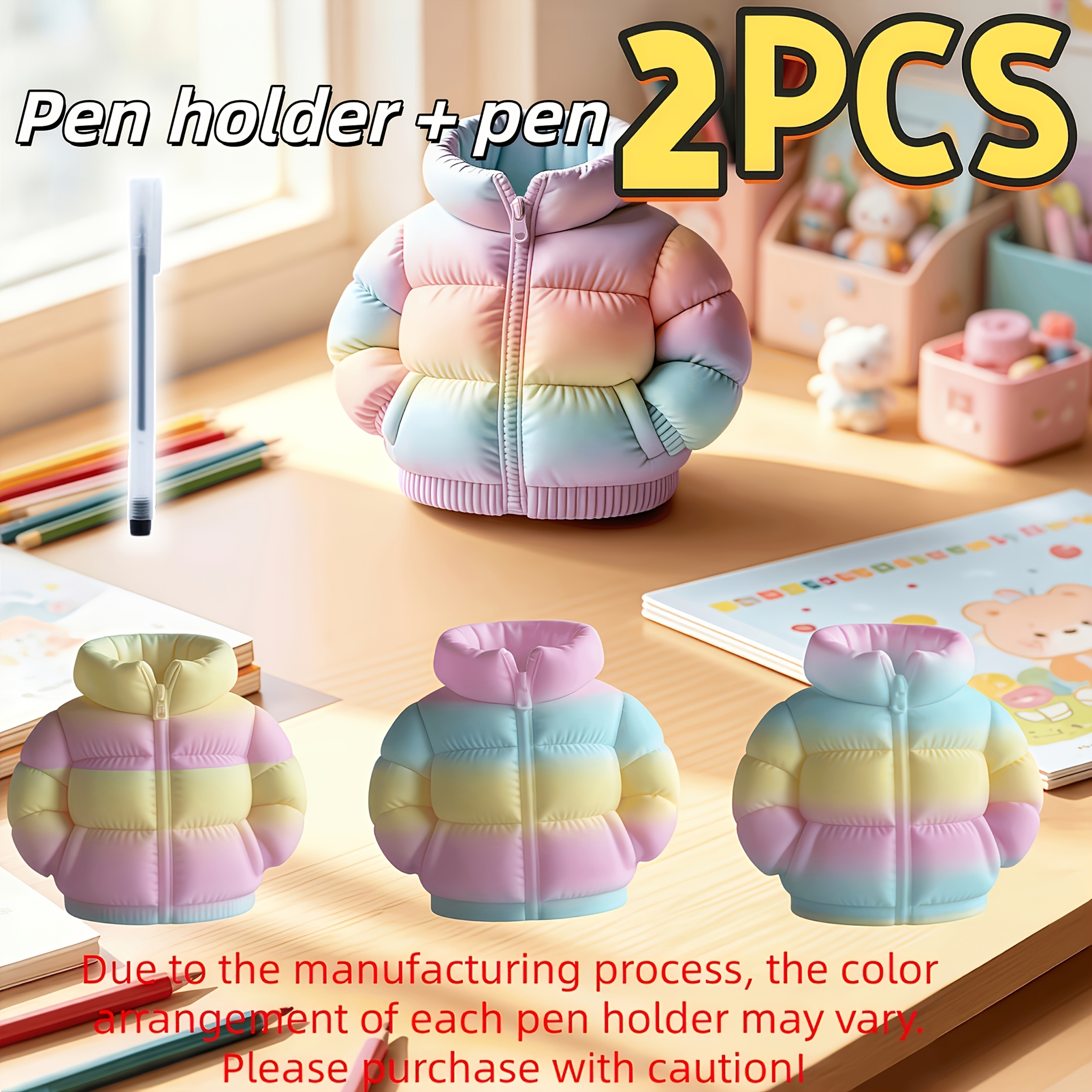 TEMU 2pcs (creative Inflatable Jacket Design Pencil Cup And 1pc Pen), An Adorable Desktop Stationery Organizer Perfect For Storing Pens, Pencils, And