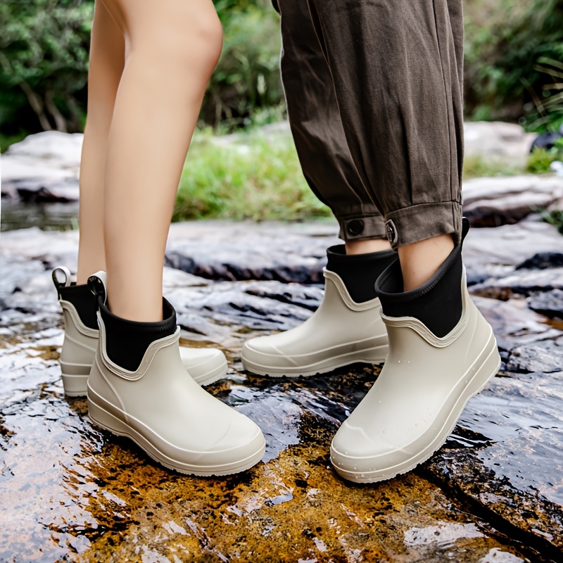 Women's High Quality PVC Rain Boots with Thick Sole Slip-On Ankle Boots  in Neutral Beige Black, Cushioned Insole Breathable Fabric Lining for Al