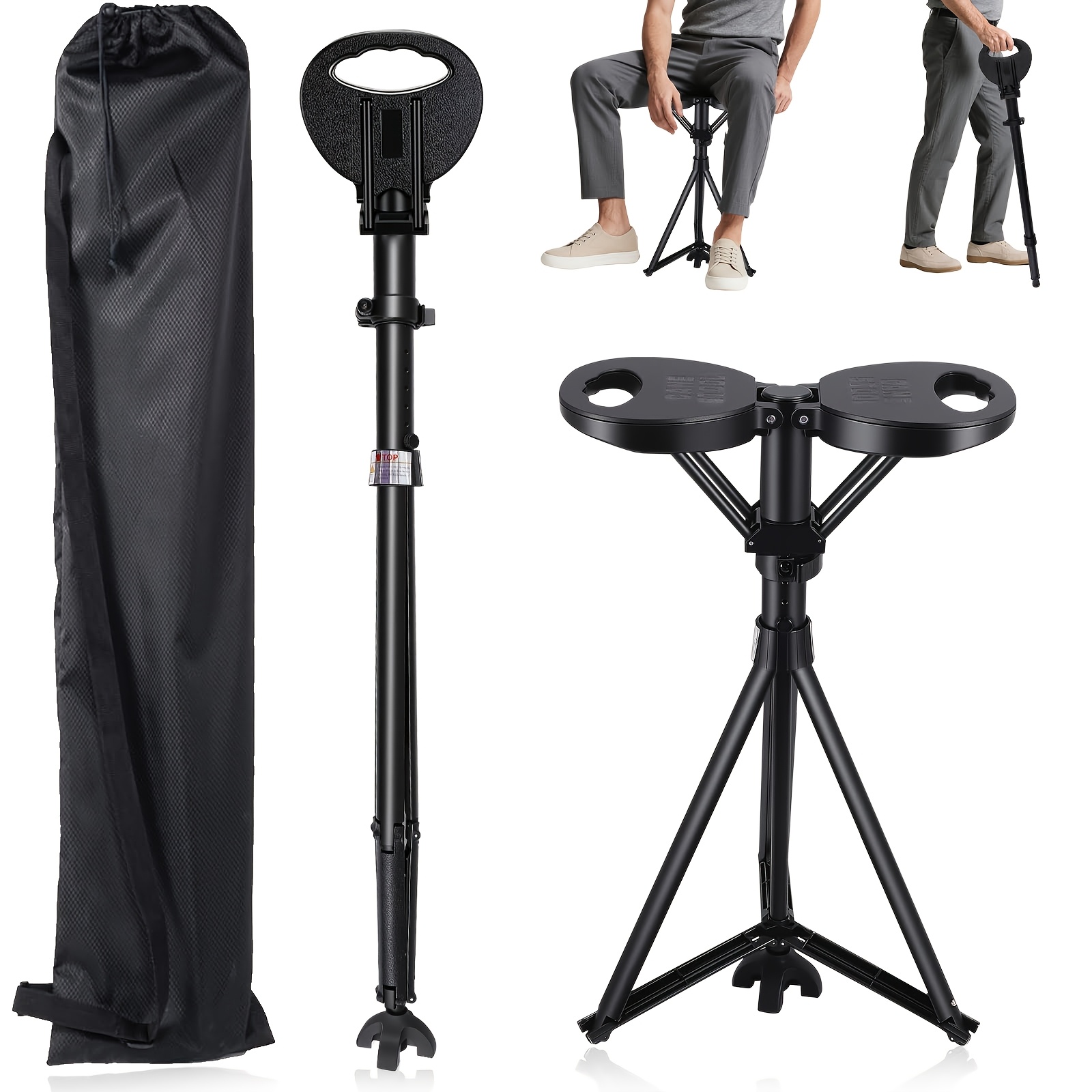 Image of Portable Folding Cane With Seat, Height Adjustable Lightweight Aluminum Stick, To 250kg, Ideal For Hiking, Queues, City , Garden, Patio And Outdoor Activities