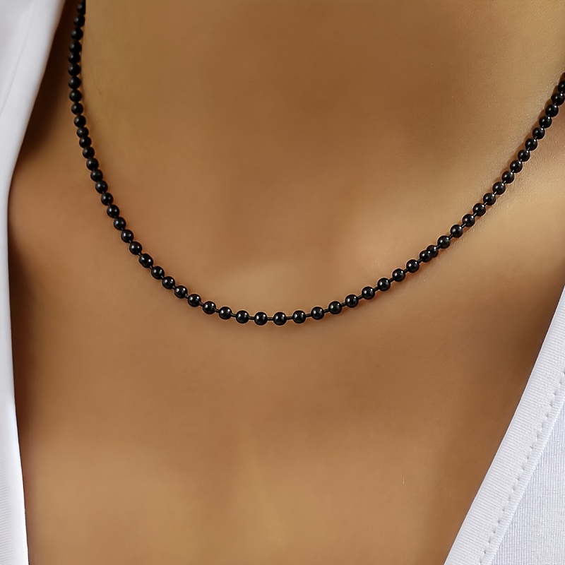 TEMU 1pc Dark Bead Chain Necklace, Exquisite All-black Stainless Beads Clavicle Chain, Sweatproof And Waterproof Non-fading Non-peeling, Unisex