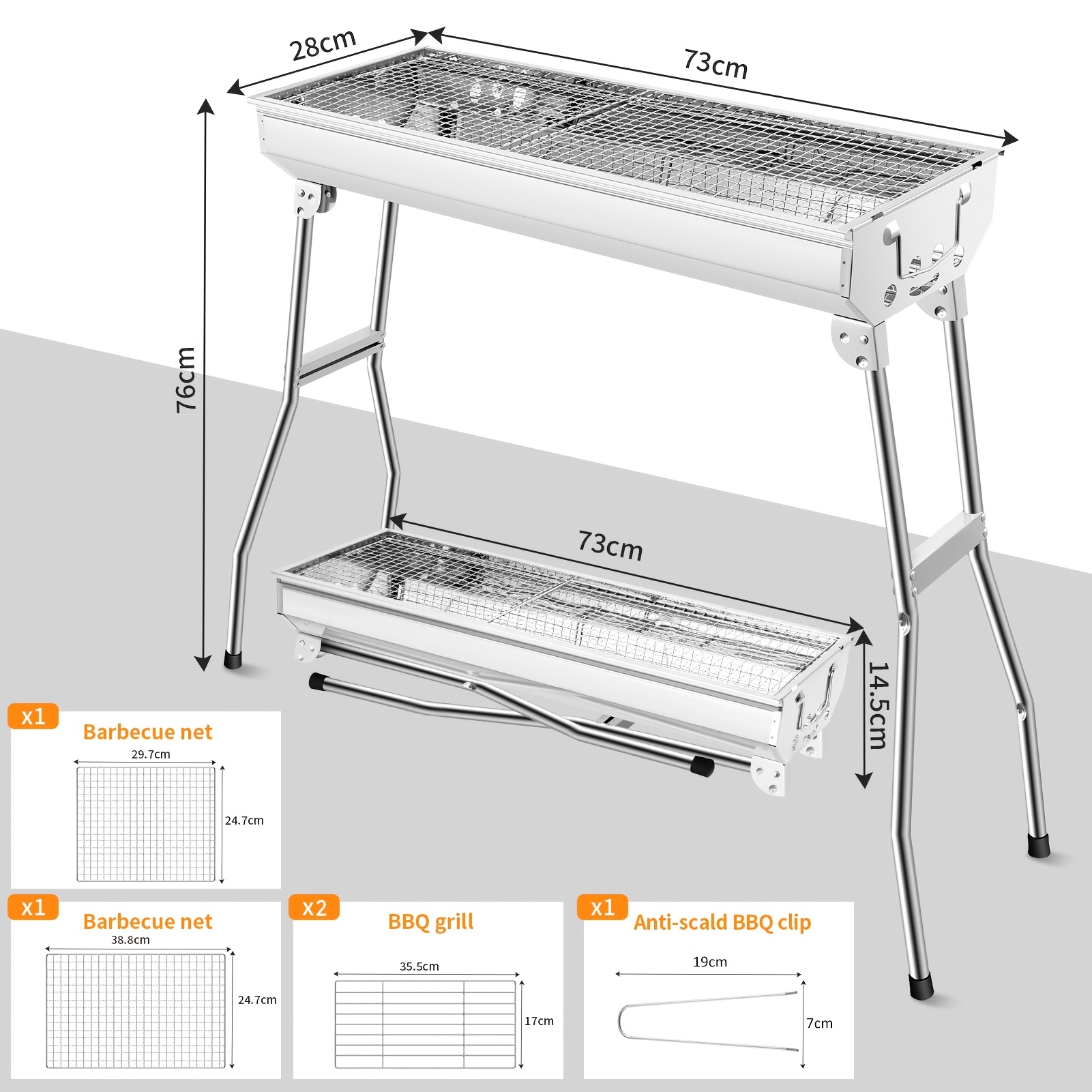 Image of Portable Charcoal Bbq Grill Large Folding Stainless Steel Barbecue For Outdoor Cooking, Camping, Hiking, Picnics Compact Charcoal Grill With Carry Handle & Mesh Panels (73cm Wide)