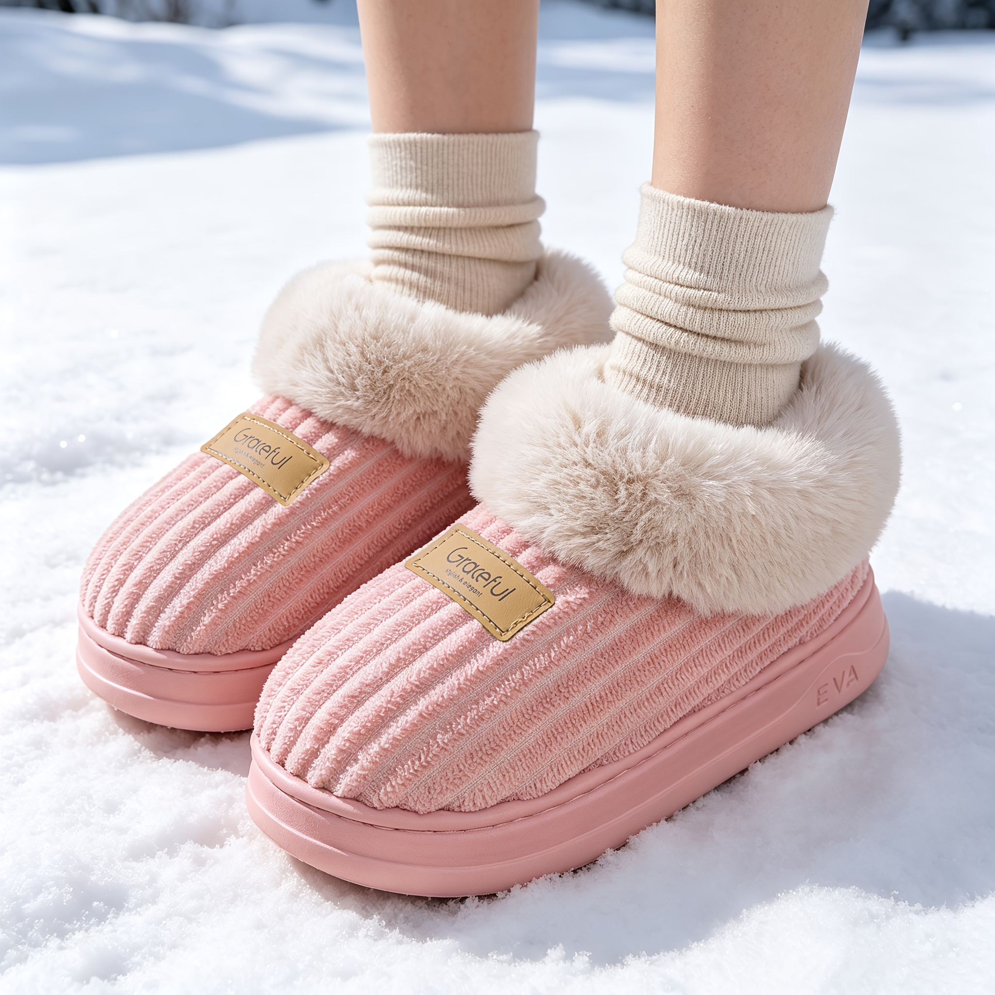 TEMU Winter Cozy Women's Slippers, Plush Collar, Label Warm Fleece Lining Indoor Home Shoes, Women Shoes