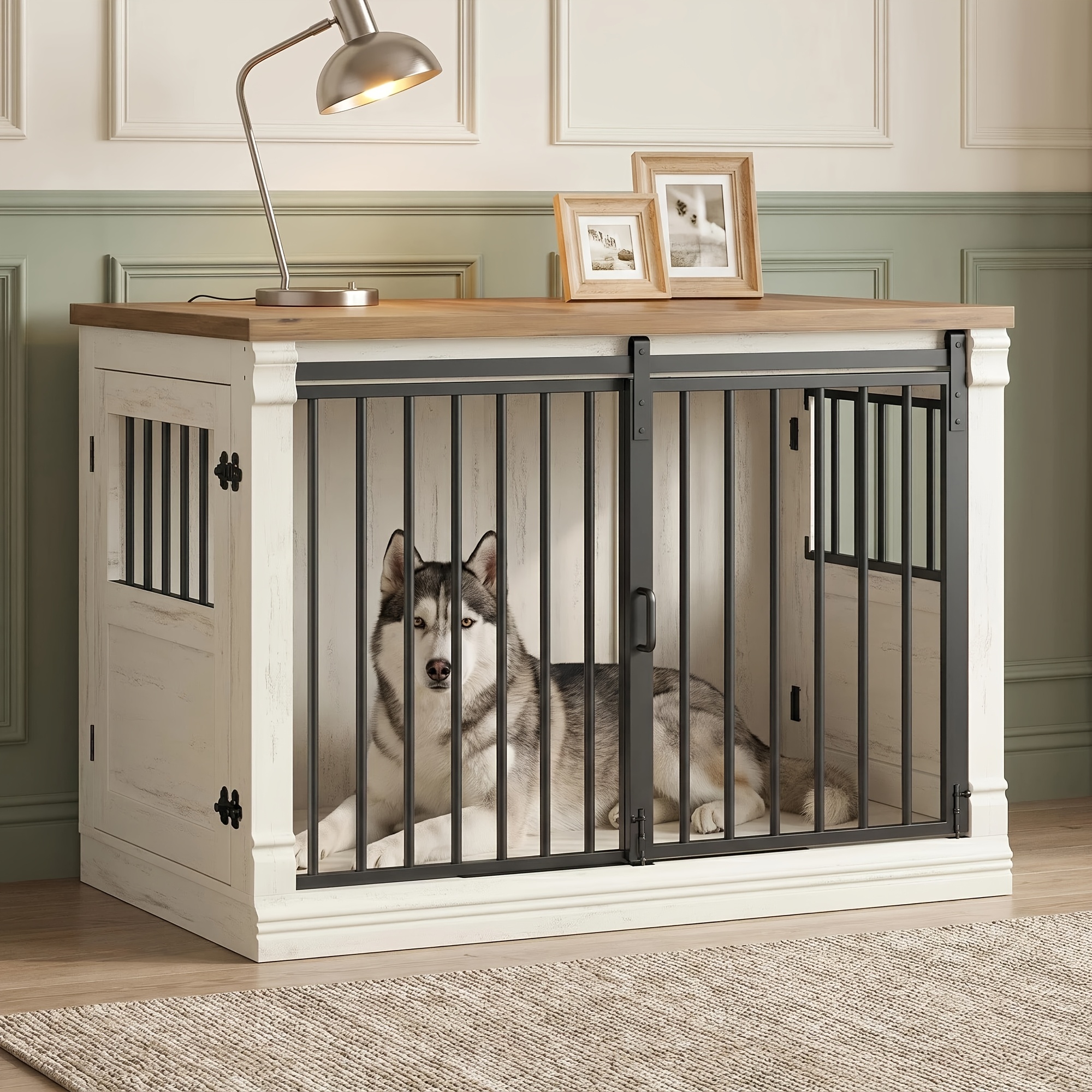 Image of Three-door Furniture-style Dog Cage, Large Size, Suitable For All Breeds, Enclosed Thickened Bottom, Simulated Wood Grain, Luxurious Table-