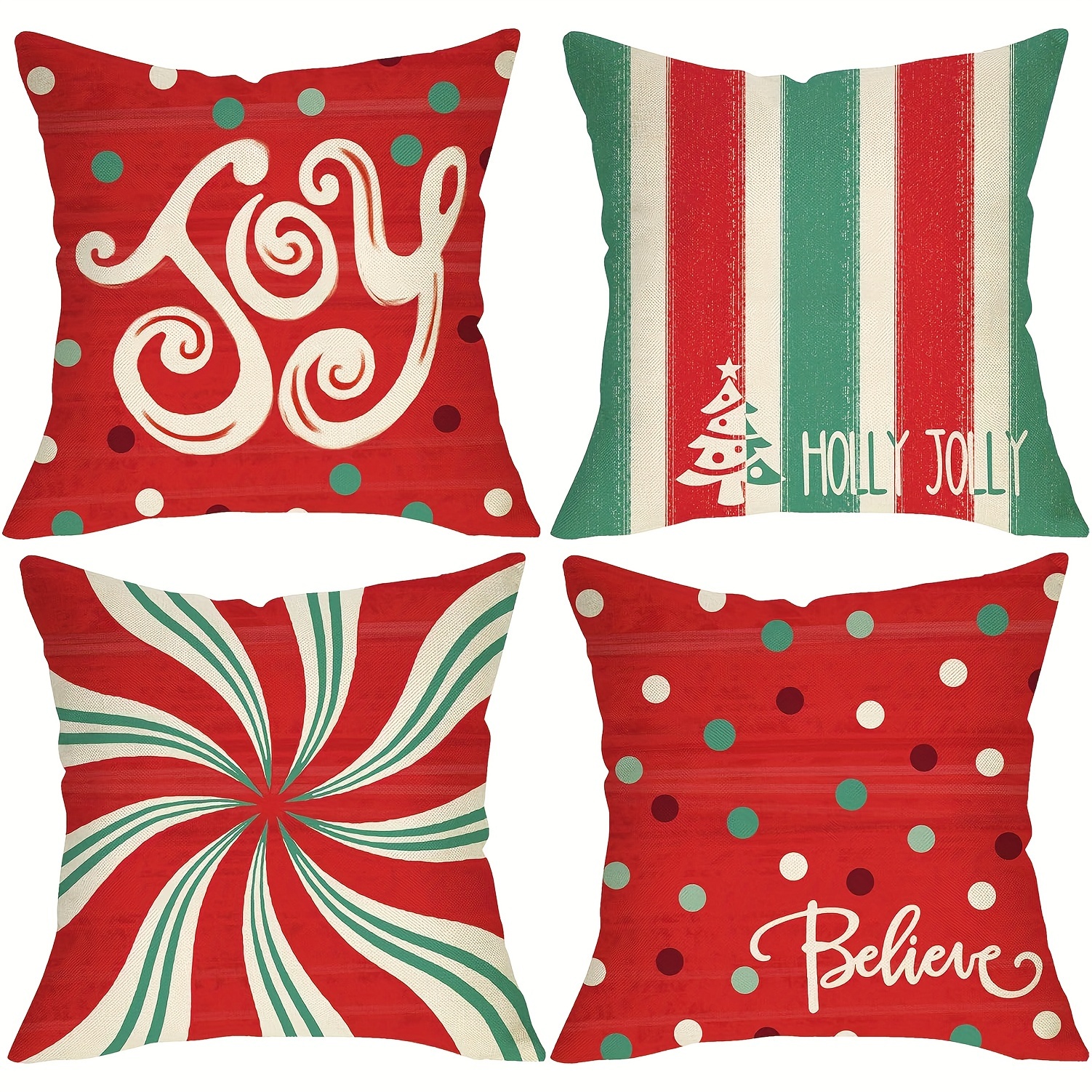 

4pcs Merry Christmas Decorated Pillow Cover 18 X 18 Inches, Red Christmas Peppermint Striped Polka-dot Porch Outdoor Home Decor, Christmas Tree Holiday Sofa Cushion Cover