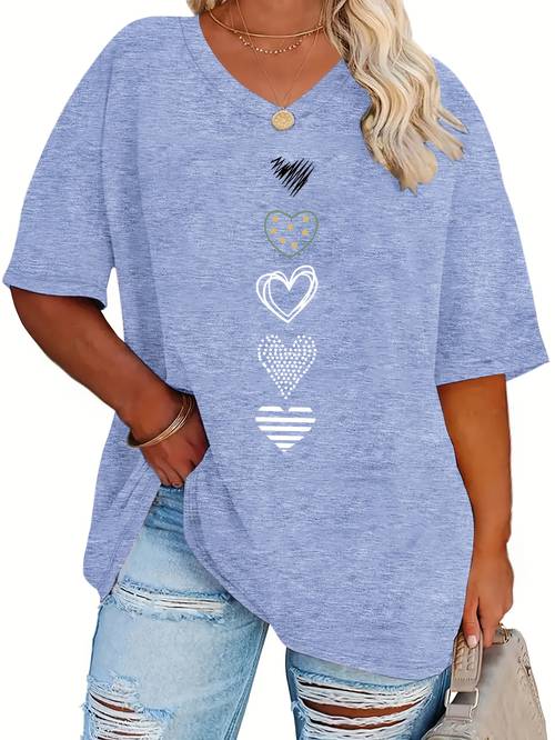 plus size summer plus size womens fashion polka dot and stripe hollow out heart combination print loose drop shoulder half sleeve t shirt high quality womens top casual v neck tee comfortable fabric suitable for lounging at home