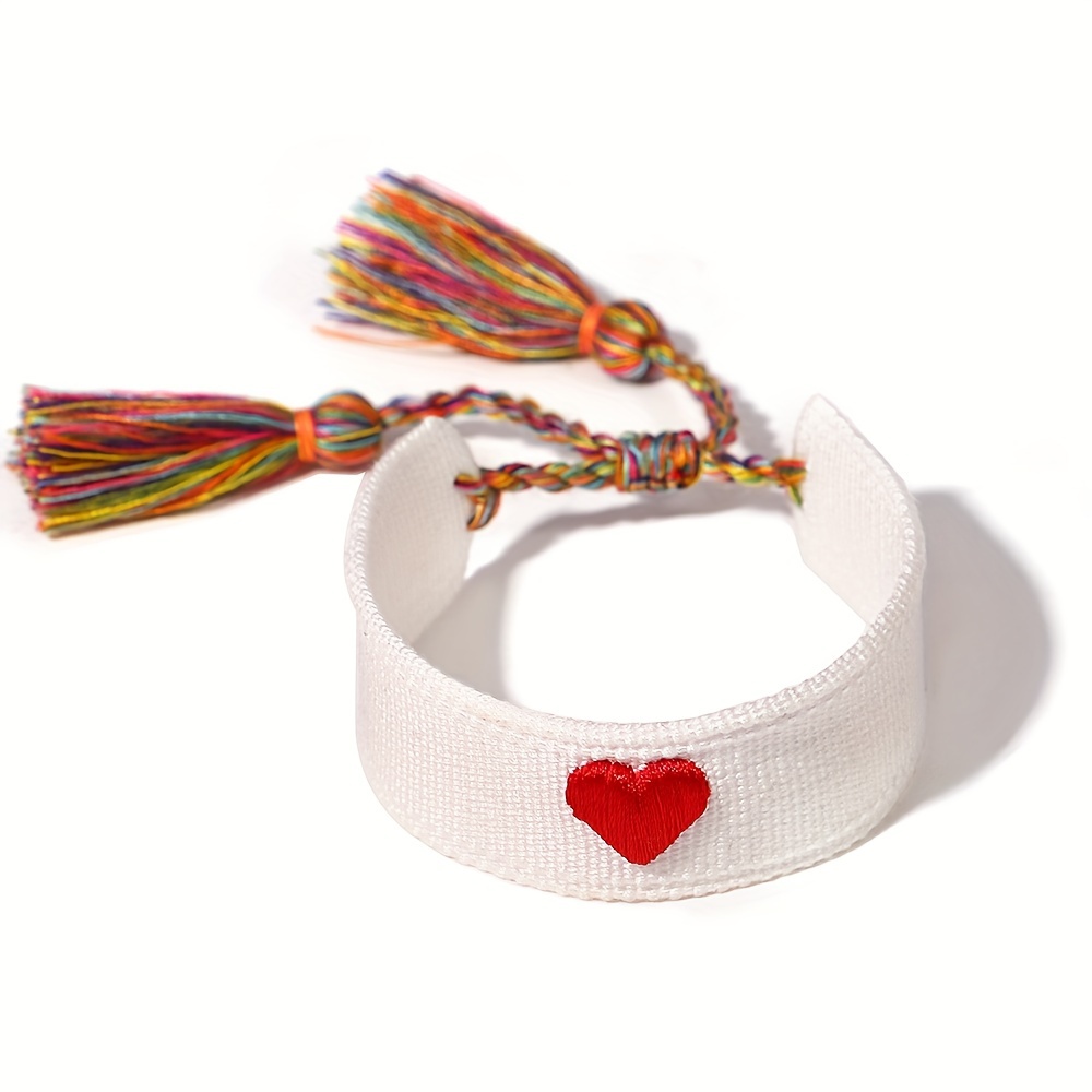 Image of 1pc Bohemian Friendship Bracelet With 3d Embroidered Heart, Vintage-style Tassels Wristband, Gift For Family, , Lovers And Couples, Valentines' Day & Wedding Gifts- Fits
