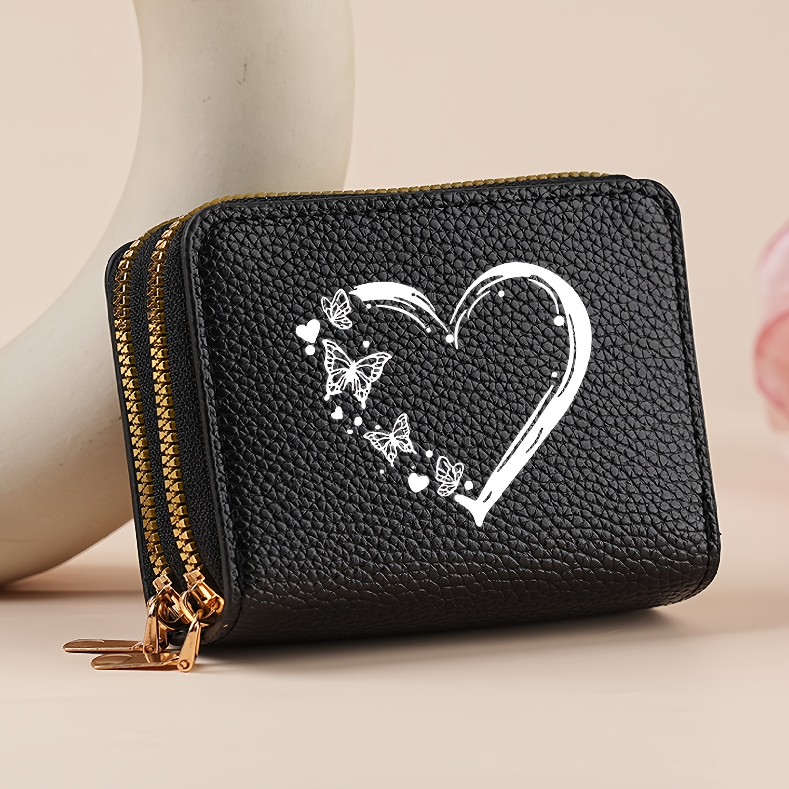 Image of 1pc Fashion Easy Versatile Double Zipper Wallet, Heart Print Design, Multi-functional Multi-card Slot Coin Purse, Portable Lightweight Card Holder, Suitable For Daily , Fashion Item, Gift For