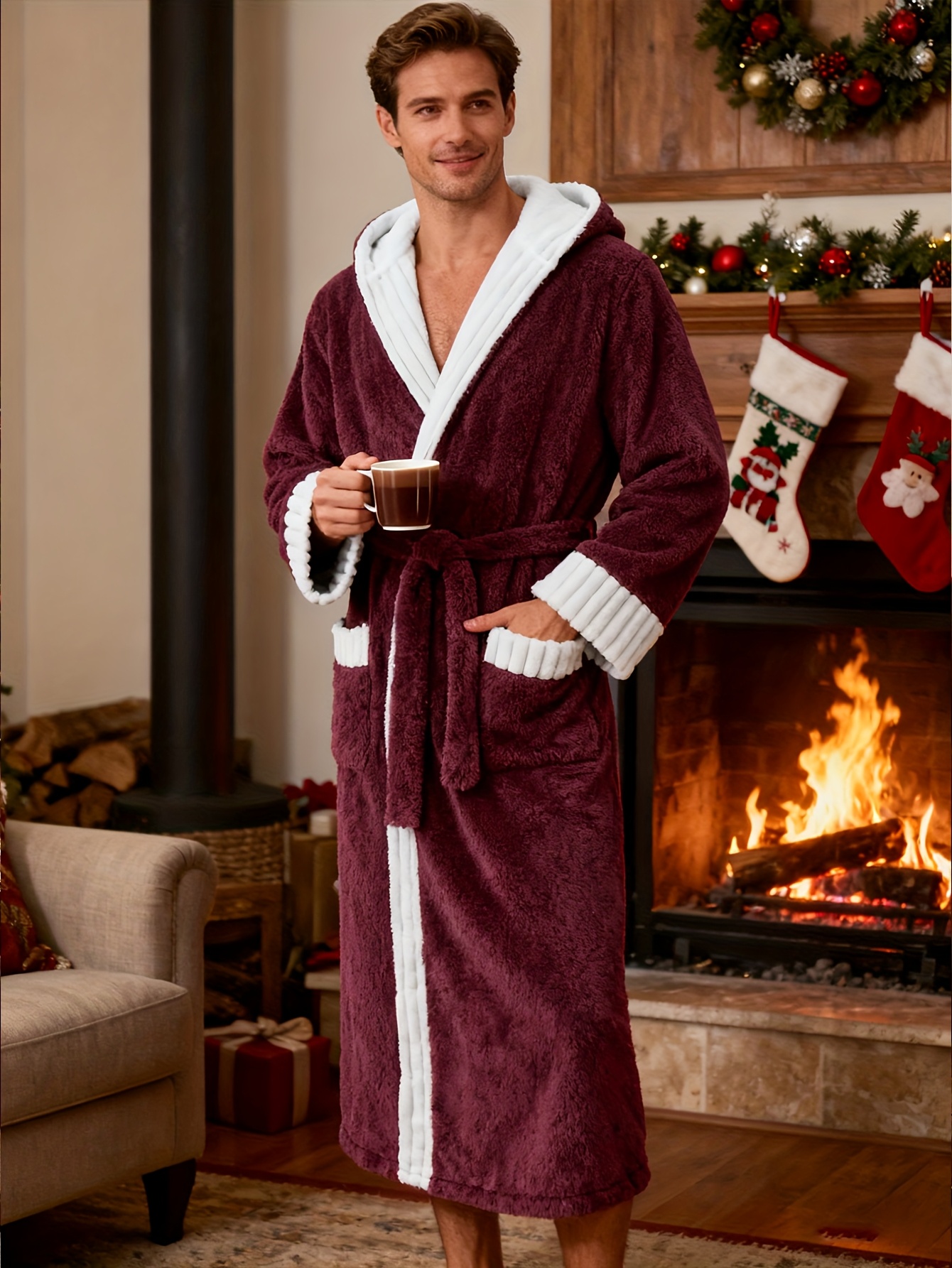 Men'S Classic Hooded Bathrobe | Thick, Warm, Breathable, Skin-Friendly Flannel Robe with Lace-Up Detail, Perfect for Fall/Winter, Casual Style, Long Sleeve, Belted.