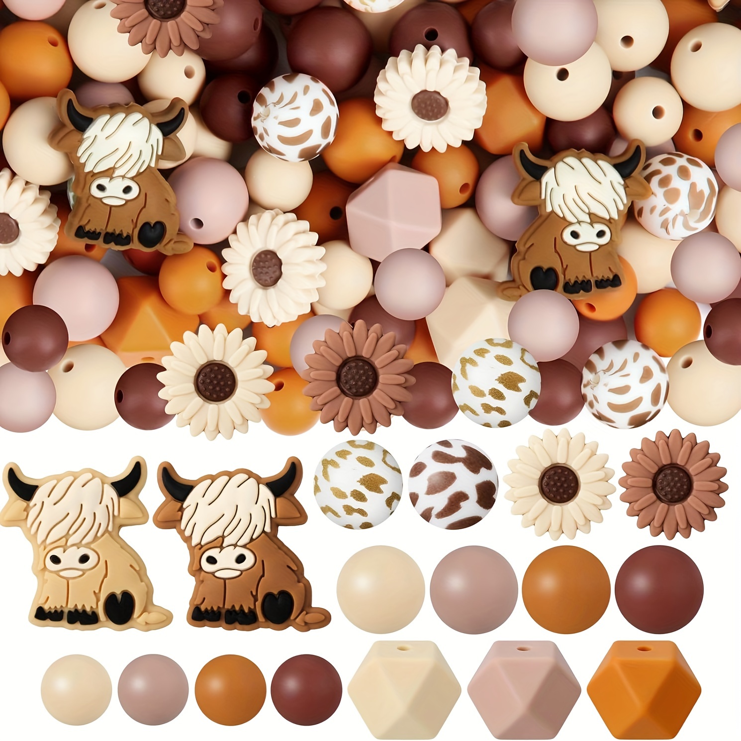 

60pcs Brown Silicone Cow & - Hexagon Craft Beads For Diy Jewelry, Necklaces, Bracelets, Keychains