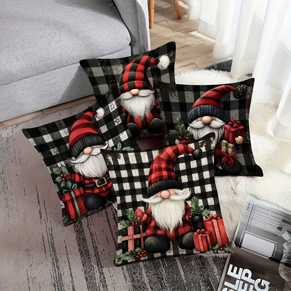 

4-pack Christmas Gnome Pillow Covers, 18x18 Inches, Short Plush, Striped Hat, Vintage Style, Polyester, Machine Washable, Zippered Cushion Cases For Living Room, Bedroom, Office Decor