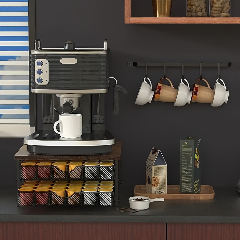 Organisateur Bar à Café En Bois - Support Machine à Café Avec Tiroir - Rangement Capsules, Tasses - Accessoire Cuisine (32x26x13cm)