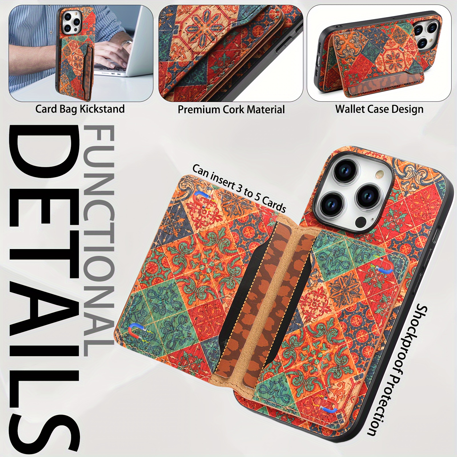 DENIOR Wooden Phonecase for iPhone 15/ 14/ 13/ 12 Series Case, with Glue Kickstand And Card Holder 3 Card Slots Can Insert 3-5 Cards Shockproof Protection, Turquoise And Red Flowers, Cork Wooden