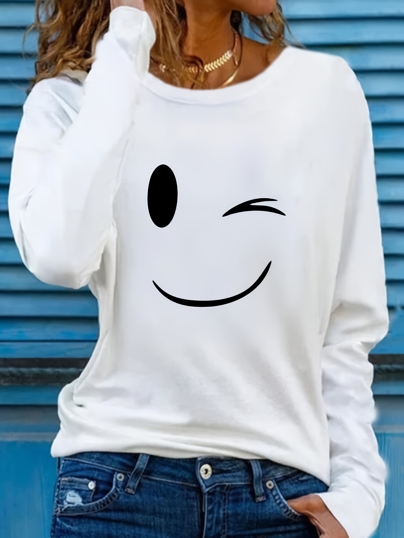 Women's Casual Long Sleeve Crew Neck Graphic Print T-Shirt - Playful joyful Face Design, Slim Fit, Soft Breathable Fabric for Spring & Fall, Versatile Everyday Top, Ladies T Shirts, Wink Motif Apparel, Highquality