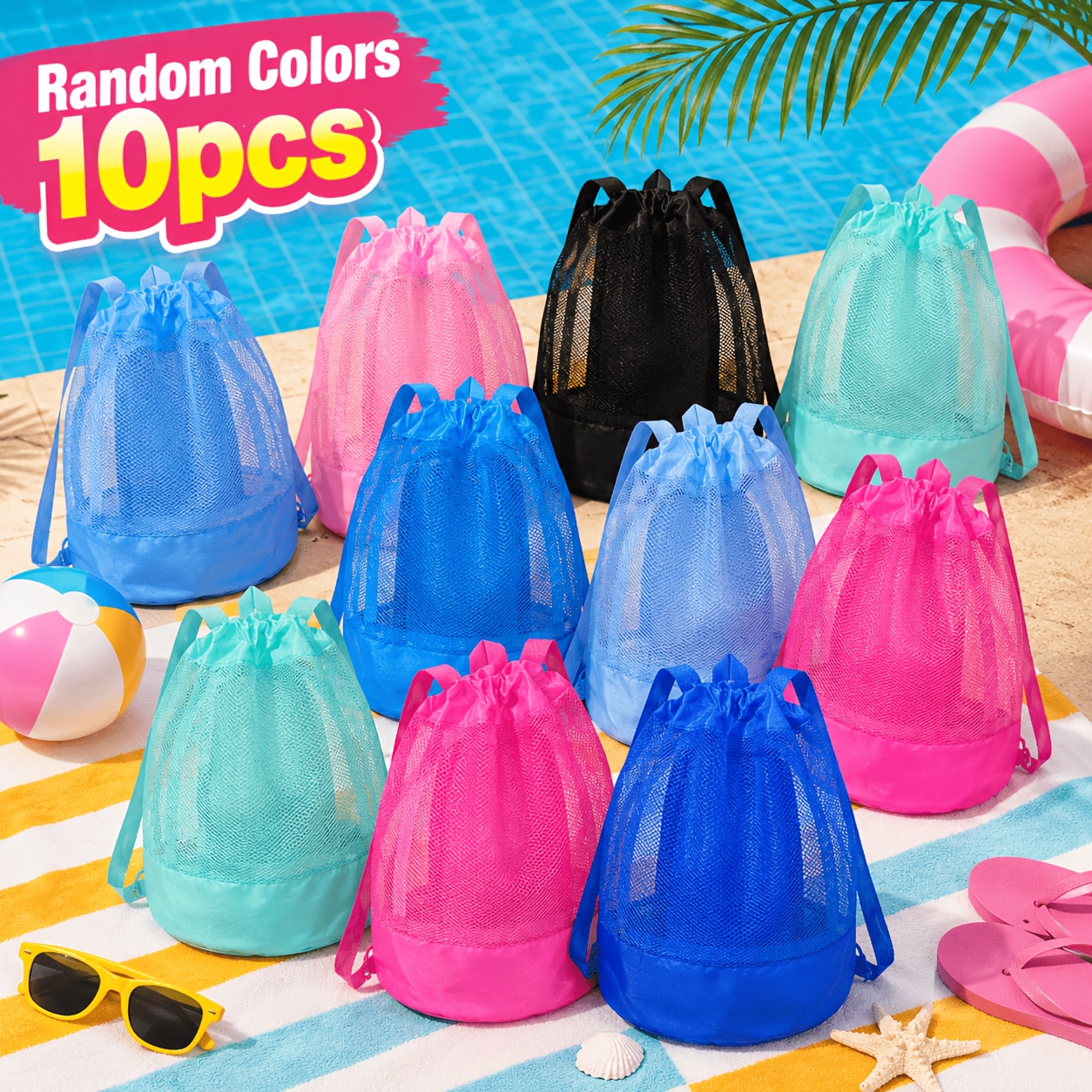 TEMU Paquete de 10 bolsas de con cordón de malla de color aleatorio, bolsa de almacenamiento y portátil de malla para fitness y natación, bolsa de