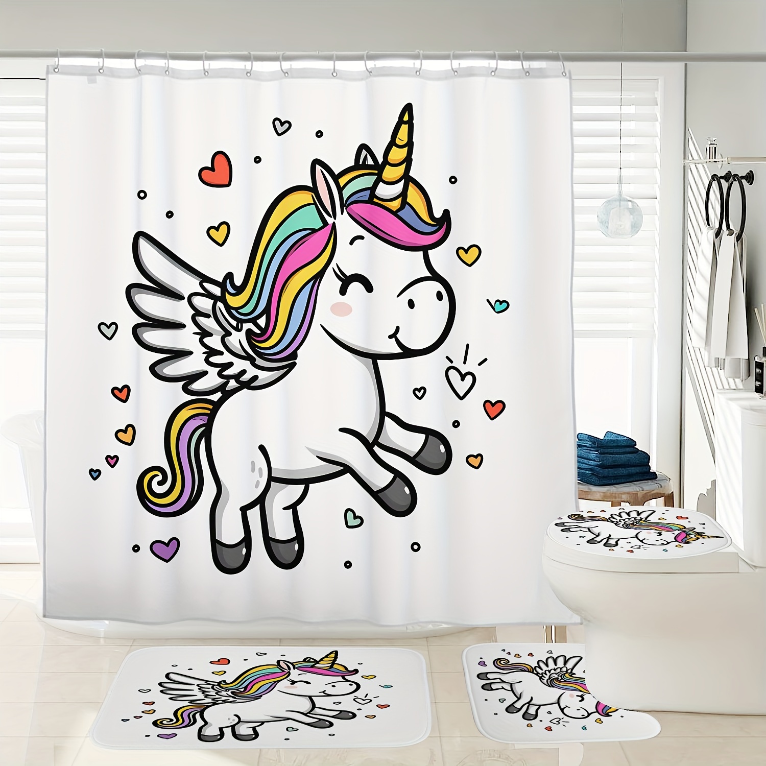 

1/3/4pcs Love Unicorn Pattern Digital Printed Waterproof Shower Curtain Toilet Seat Bath Mat Set, With 12 Plastic Hooks, 72 Inches X 72 Inches