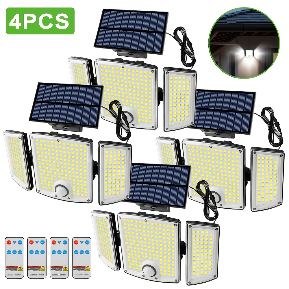 TEMU 2/4 piezas Luces de pared solares con sensor de movimiento y control remoto, 278 LED, 3 de iluminación, reflector solar de seguridad de 3