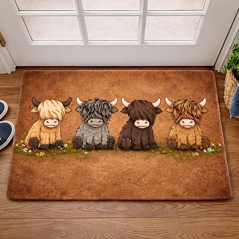 TEMU 2d Flat Printing 1pc Door Mat, Outdoor Courtyard Door Mat, Cute Highland Cow Patterned Mat, Entrance Floor Mat, Entryway Carpet, Suitable For