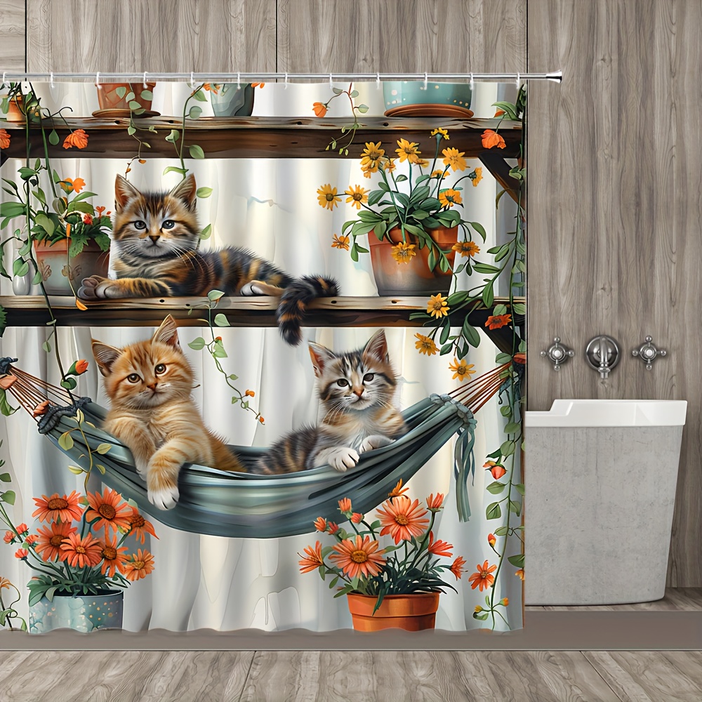 

1pc Fun Animal Cat Hammock & Flower Stand Shower With Hooks, Polyester, Floral Pot Greenery, Washable Bathroom Partition Decor, 70.8in X 70.8in, Bathroom Accessories