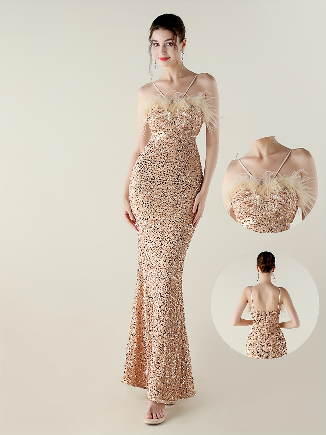 short rose gold dress MACloth Spaghetti Straps Sequin Cocktail Dress Rose Gold Short Formal Gown Rose Gold / Above Knee / Custom Size