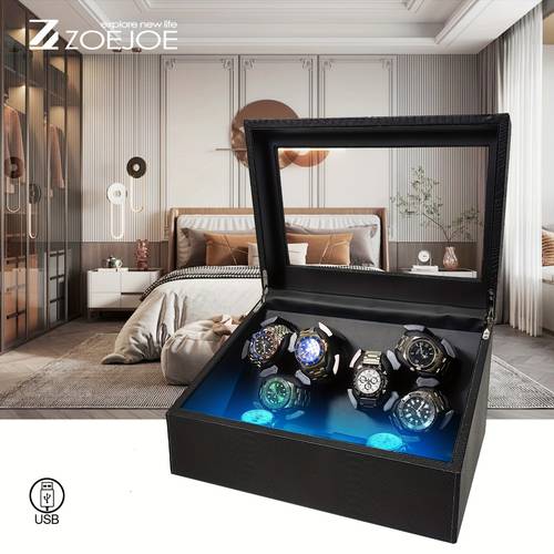 1pc 3 6 slots watch winder box for automatic watches watch storage case with flexible watch pillow 4 mode and led light gift for black snake skin pattern usb power supply