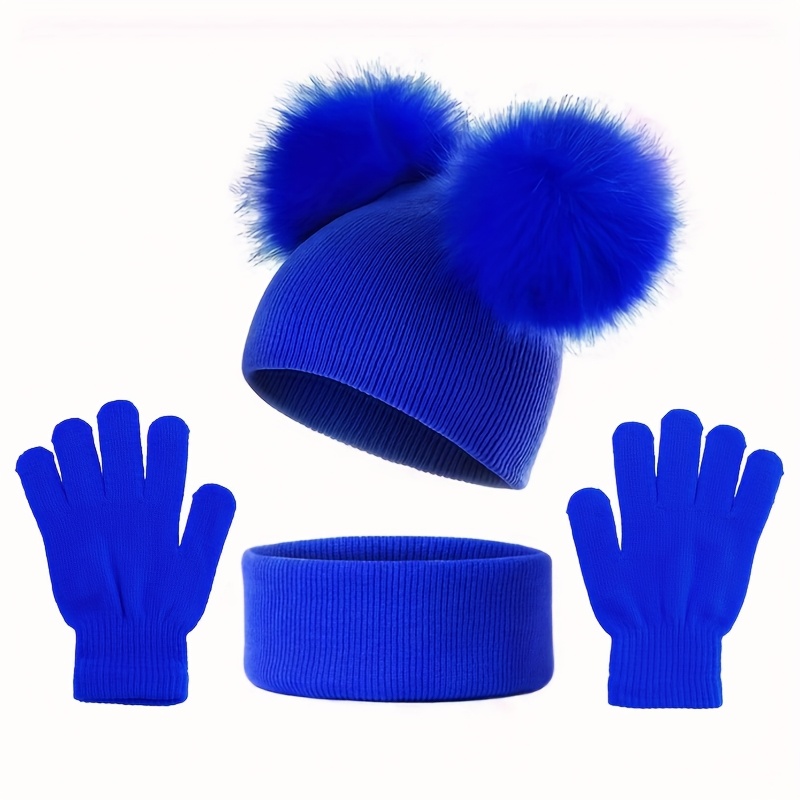 TEMU Doppel Pompon Einfarbig Einfacher Hut Schal Handschuhe 3er Set Herbst Winter Weihnachten Urlaubsgeschenk Niedlicher Hut