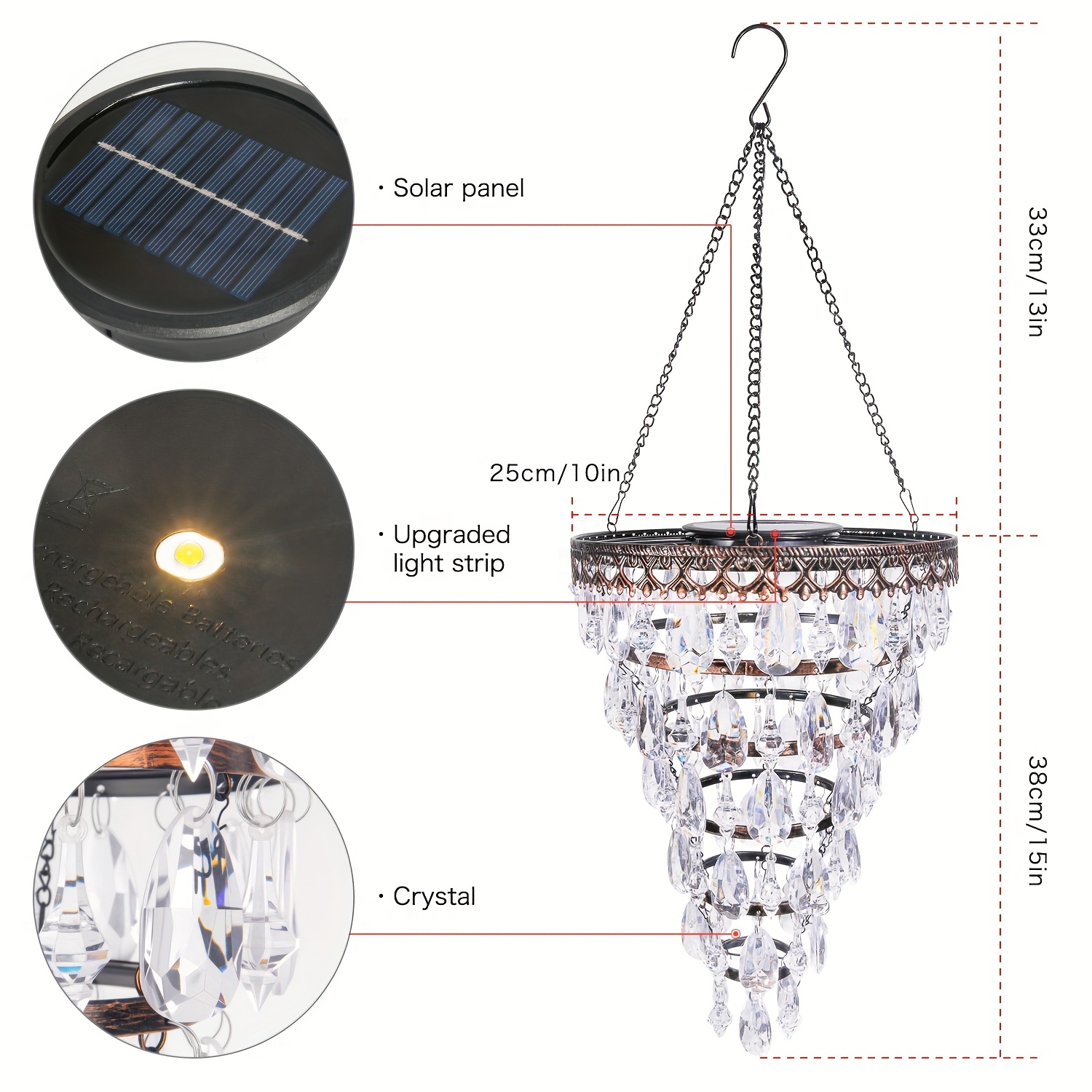 Solar Hanging Crystal Chandelier | Outdoor Garden Decorative Lights with 54 Warm White LEDs, Waterproof, Lithium Battery Powered, for Garden, Yard, Patio, Gazebo, Party, Wedding