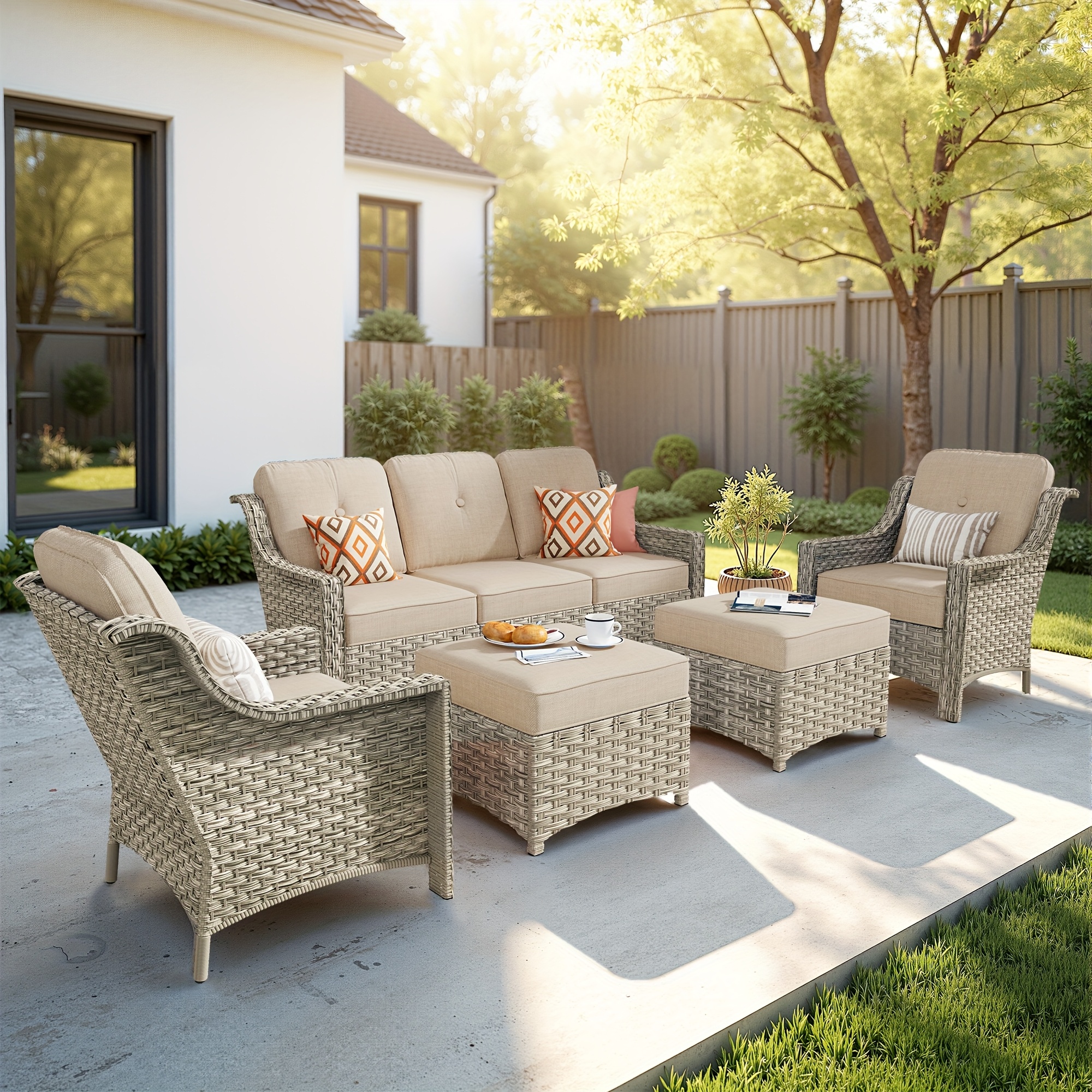 outdoor patio furniture set premium pe wicker and steel outdoor lounge set   of combinations with uv resistant cushions for garden deck or backyard 2 ottomans   sold separately