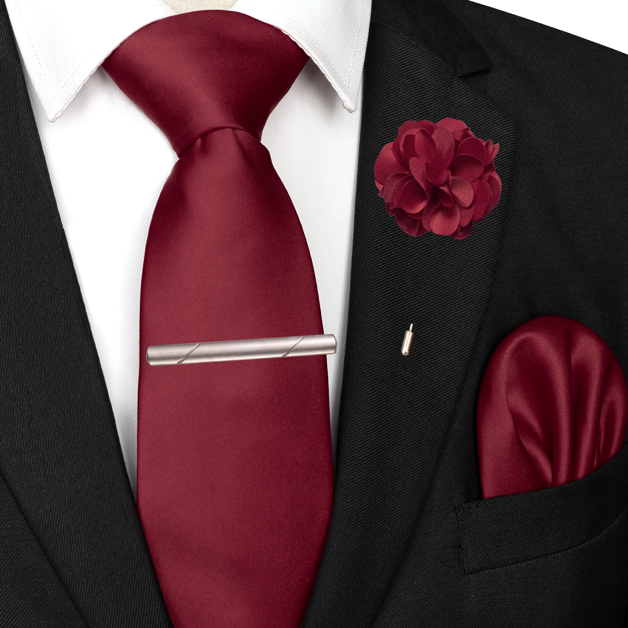 TEMU 4pcs Men' Satin Necktie Set, Necktie And Pocket Square And Tie Clip And Flower Lapel Pin, Business Prom Wedding Suit Additions For Groomsmen