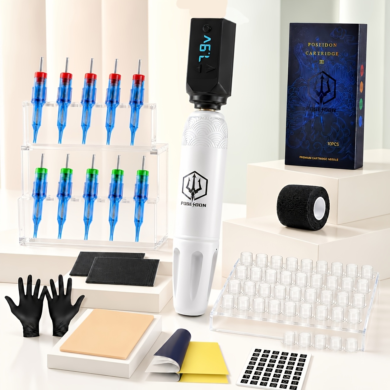 Image of Poseidon Wireless Tattoo Machine Kit, Digital Display Rotary Tattoo Pen With Cartridge Needles, Practice Skin, Transfer Paper, Complete Tattoo Tools For Beginners